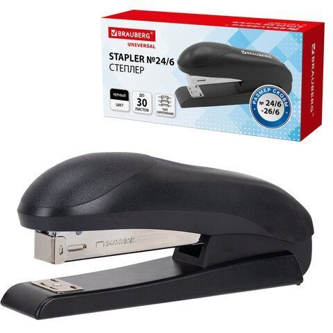 Степлер №24/6 26/6 до 30л черный BRAUBERG Universal 1/12