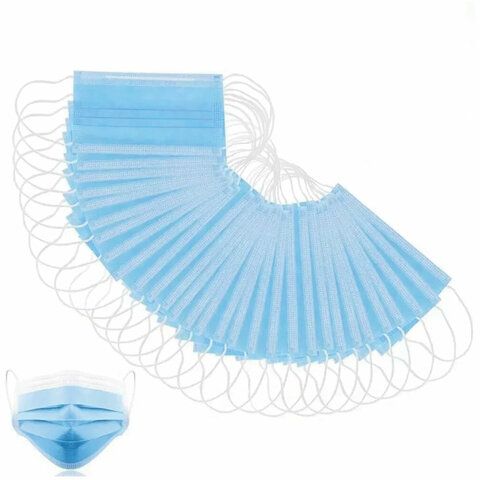 Маски медицинские комплект 50шт 3-х слойные одноразовые голубые СМЗ 1/50